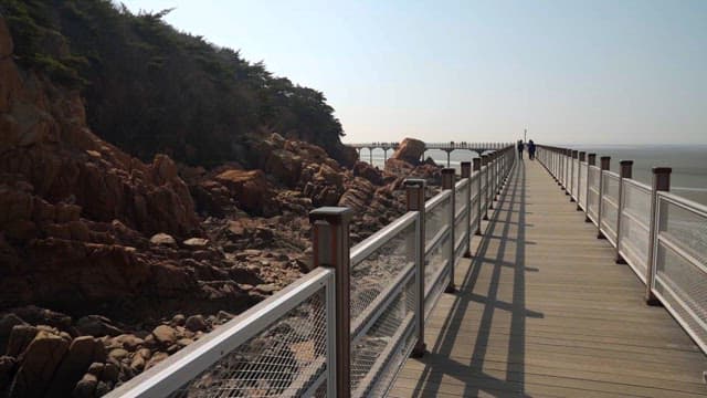 Coastal boardwalk by rocky terrain and sea