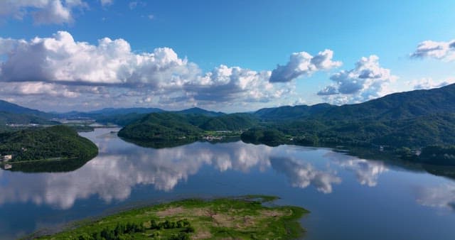 Serene lake surrounded by mountains and a village