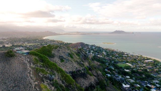 Aerial View Over Coastal Town at Sunset