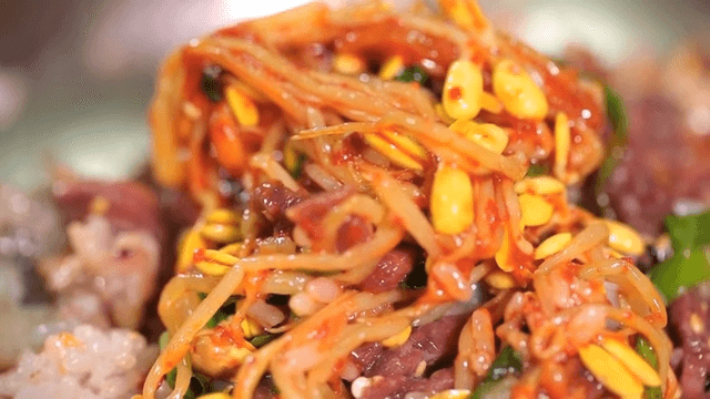 Korean beef tartare bibimbap with seasoned bean sprouts