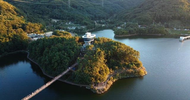 Scenic lake with a bridge and observatory