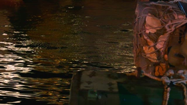 The surface of the water at night reflects the light