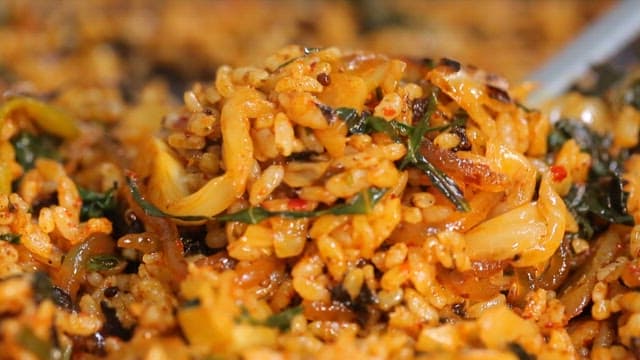 Delicious fried rice with spicy stir-fried gopchang with vegetables