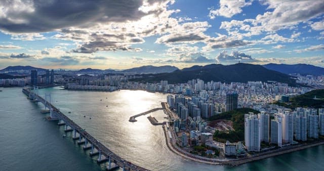 Port city of Busan under the sky changing from afternoon to evening