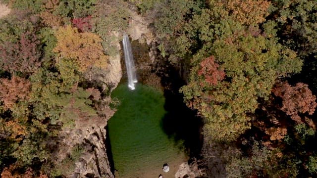 Aerial view of a serene waterfall in a forest