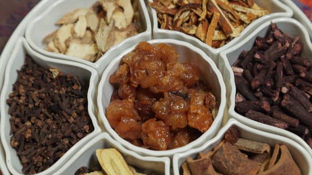 Various herb-medicine and dried ingredients in a dish