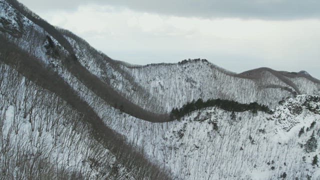 Snowy Mountain Peaks under Cloudy Sky
