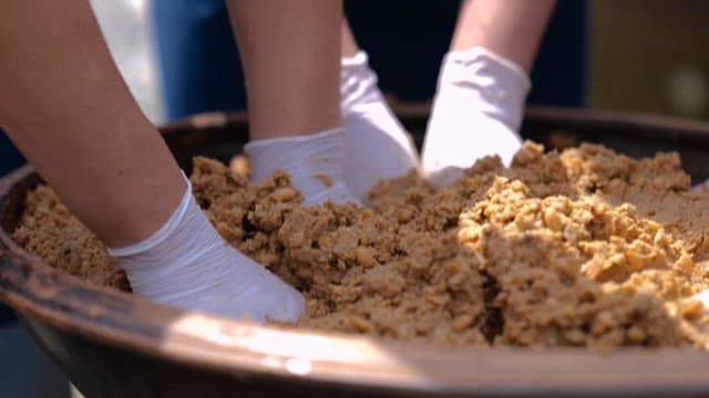 People Mixing Fermented Beans with Gloved Hands in a Earthenware