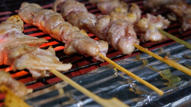 Skewered meat grilling over hot coals