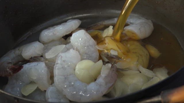 Cooking Shrimp with Vegetables in a Pot