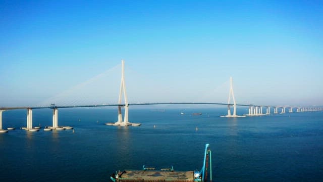 Incheon bridge spanning over calm blue waters