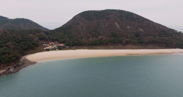 Secluded Beach with Forest and Mountains