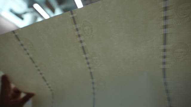 Sheets of paper with printed watermarks being inspected under bright lights
