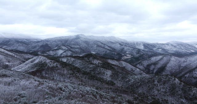 Snow-covered mountains under cloudy skies