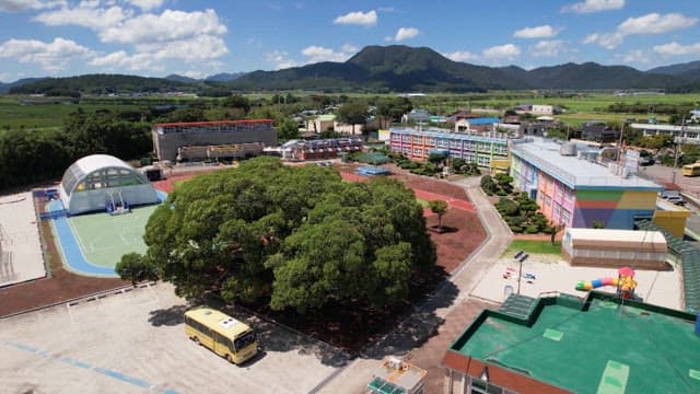 Colorful elementary school campus with playground