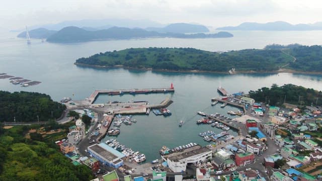 Coastal village with a harbor and green island