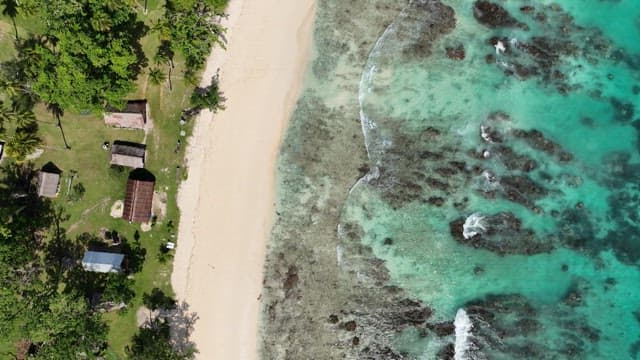 Aerial view of a beach with clear water and huts
