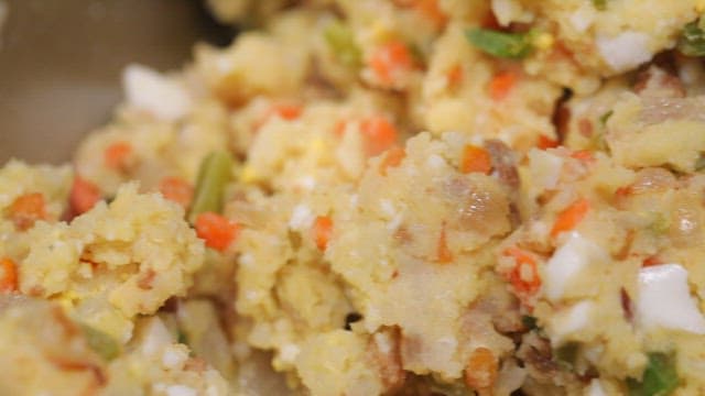 Potato croquette batter mixed with various vegetables and bacon