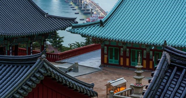 Tranquil temple view from evening to night