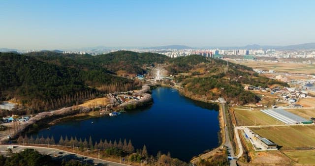 View of a park with a lake, Ferris wheel, and city skyline in the distance