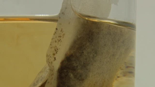 Green Tea Bag Steeping in a Clear Glass Cup