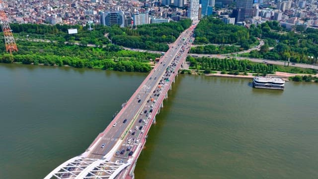 Bustling bridge over a river in the city