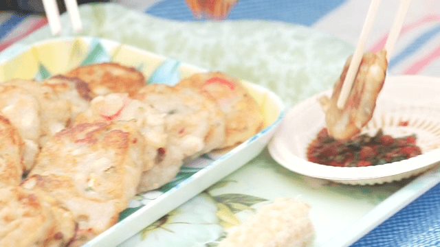 Golden Brown Pancakes Dipped in Soy Sauce