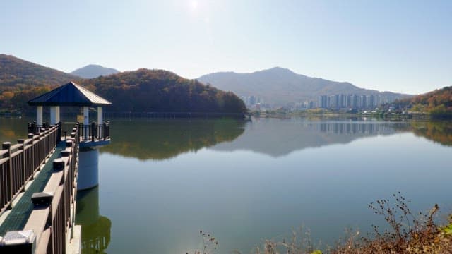 Calm and quiet Baegunhosu Lake surrounded by mountains