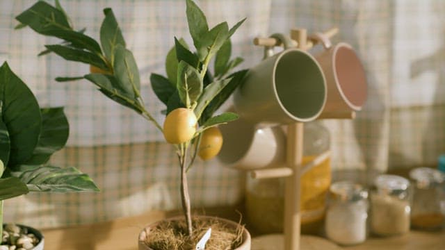 Lemon Tree and Mugs on Kitchen Shelf