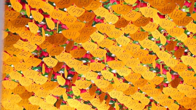 Yellow papers with wishes written on it decorates the ceiling of the temple