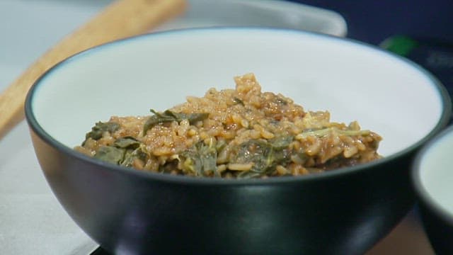 Appetizing spinach rice in a bowl on the table