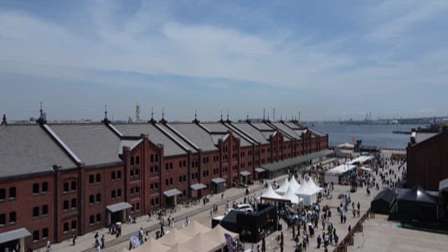 Quayside Warehouses and Crowded Outdoor Cultural Complex