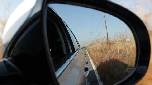 View of a road and field of reeds through a car side mirror on a sunny day