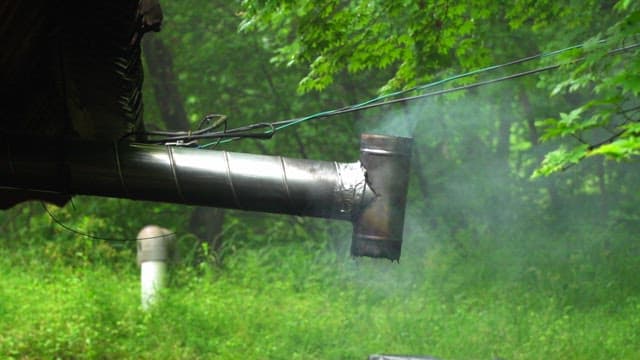 A smoke pipe emitting vapor in a green forest