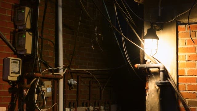 Dark alley with exposed wires and pipes with one light