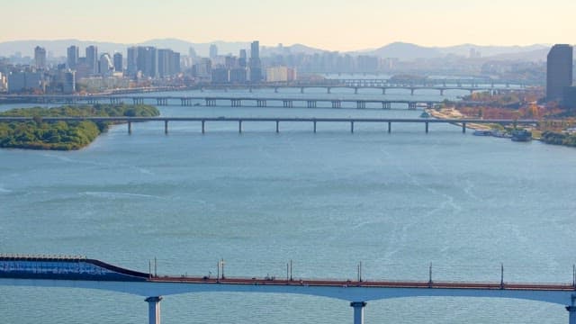 City skyline with multiple bridges over a river