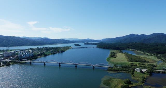 Scenic river with bridges and mountains