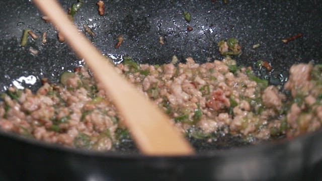 Cooking Minced Meat with Vegetables in a Pan