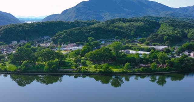 Serene village surrounded by the river and lush greenery