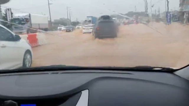 Flood damage seen from inside the car
