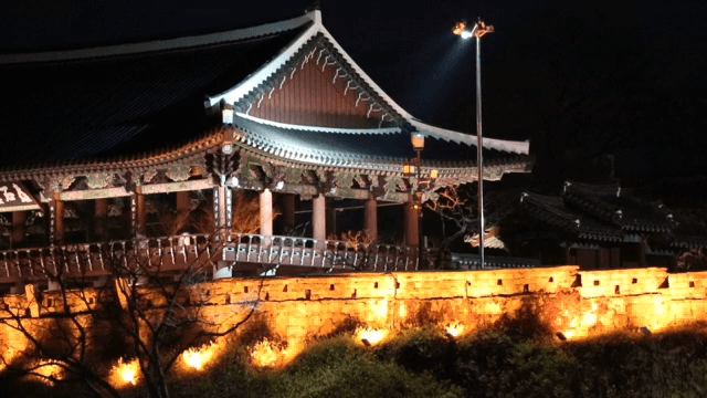 Traditional Pavilion Lit Up at Night