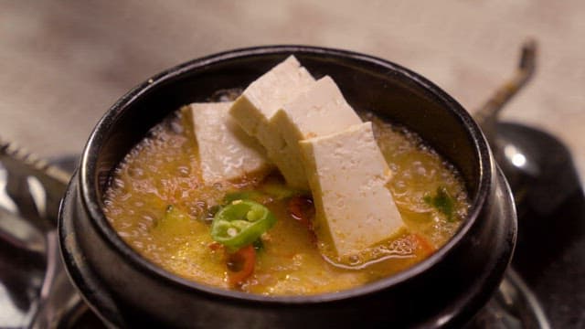Steaming Soy Bean Paste Soup in a Earthen Pot