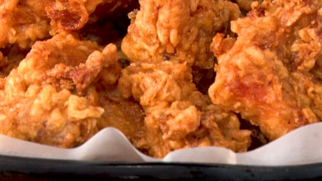 Whole crispy, golden brown fried chicken