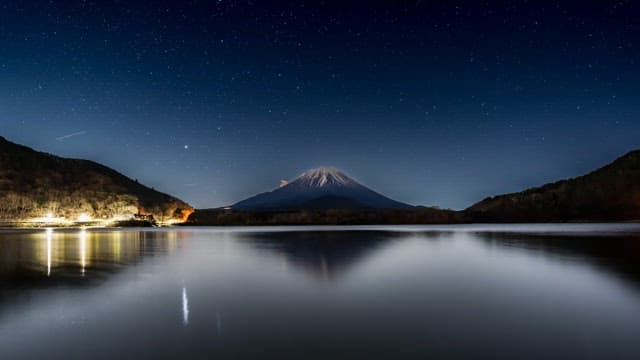 Serene night view of a Mount Fuji and lake