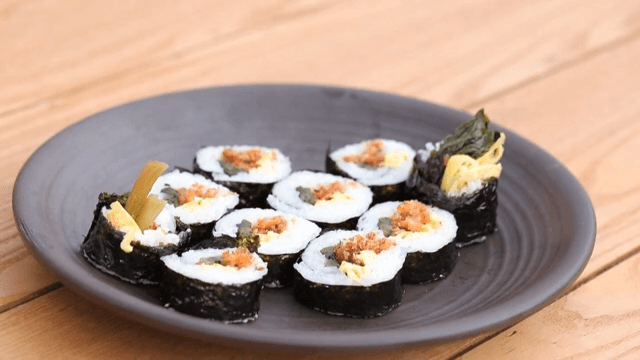 Appetizing kimbap with dried shrimp and mustard greens