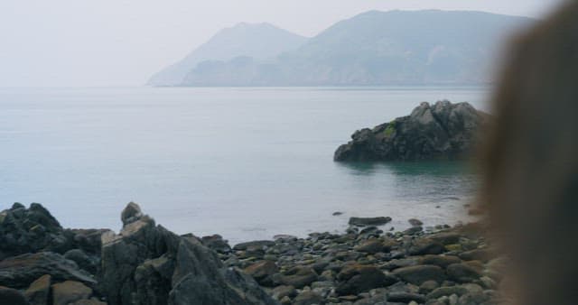 Reflective Moment by the Rocky Shore
