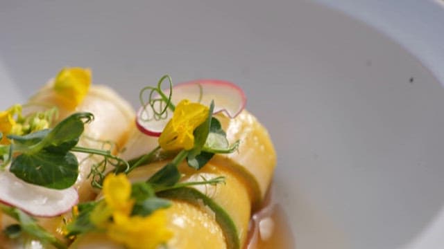 Beautifully Plated Rolled Cucumber Dish with Vibrant Colors and Detailed Garnishing