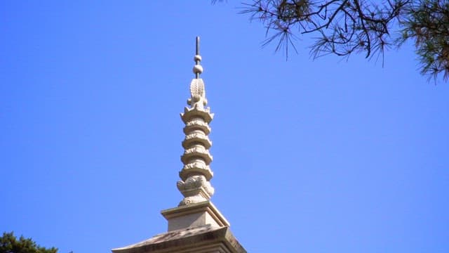Ornate top of a temple pagoda against clear blue sky with tree branches
