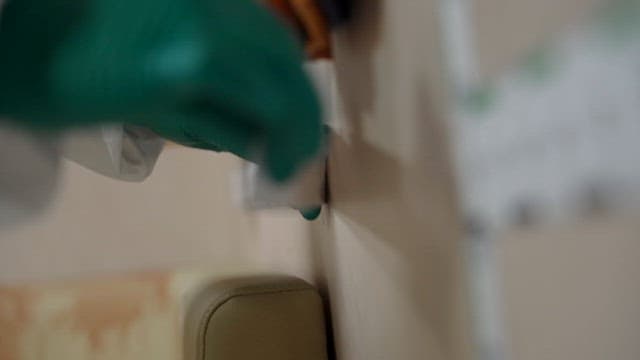 Forensic scientist in gloves working with a measuring tape