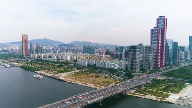 Cityscape with Tall Buildings and Busy Traffic